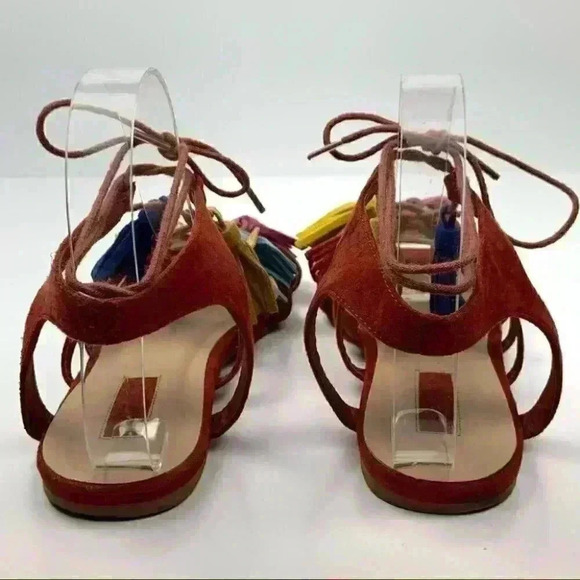 Forever 21 sandals size 8 39 burnt Orange faux suede tassel pom poms gladiator - Picture 4 of 13